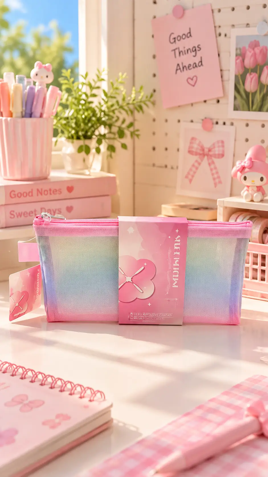 Miniso Lisanslı A6 Degrade Pembe Fileli Kırtasiye Çantası – Tek Katlı ve Kompakt