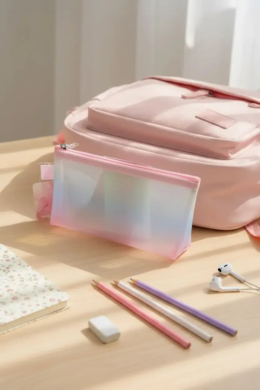 Miniso Lisanslı A6 Degrade Pembe Fileli Kırtasiye Çantası – Tek Katlı ve Kompakt