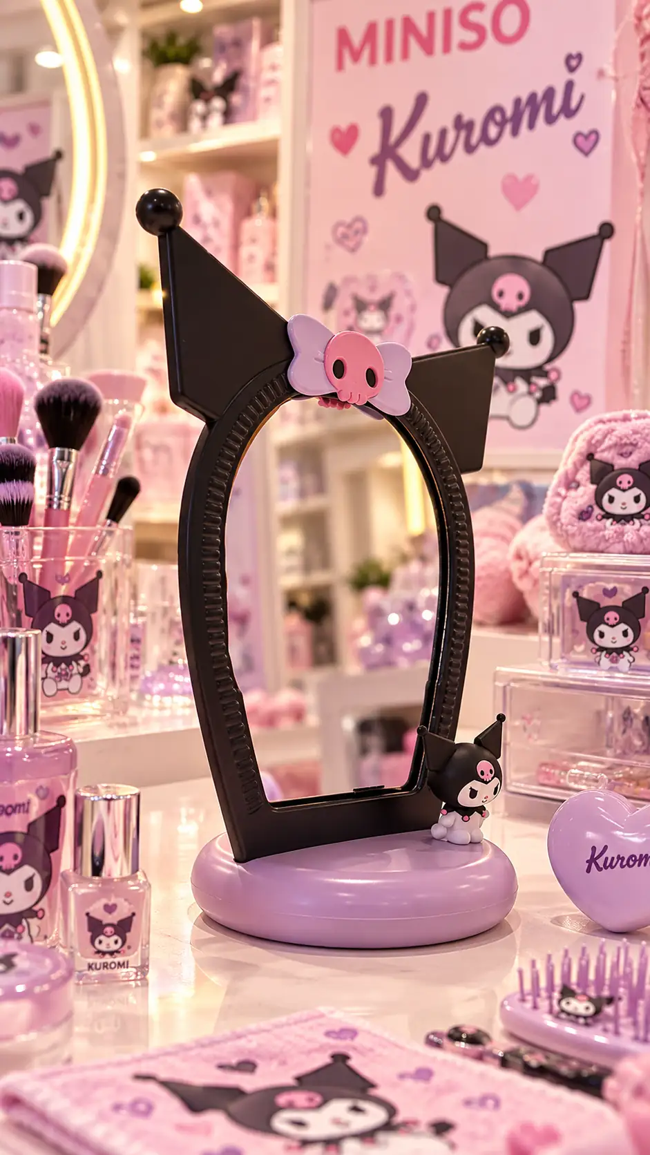 Sanrio Lisanslı Kuromi 3D Figürlü Masaüstü Makyaj Aynası – Dekoratif Tasarım