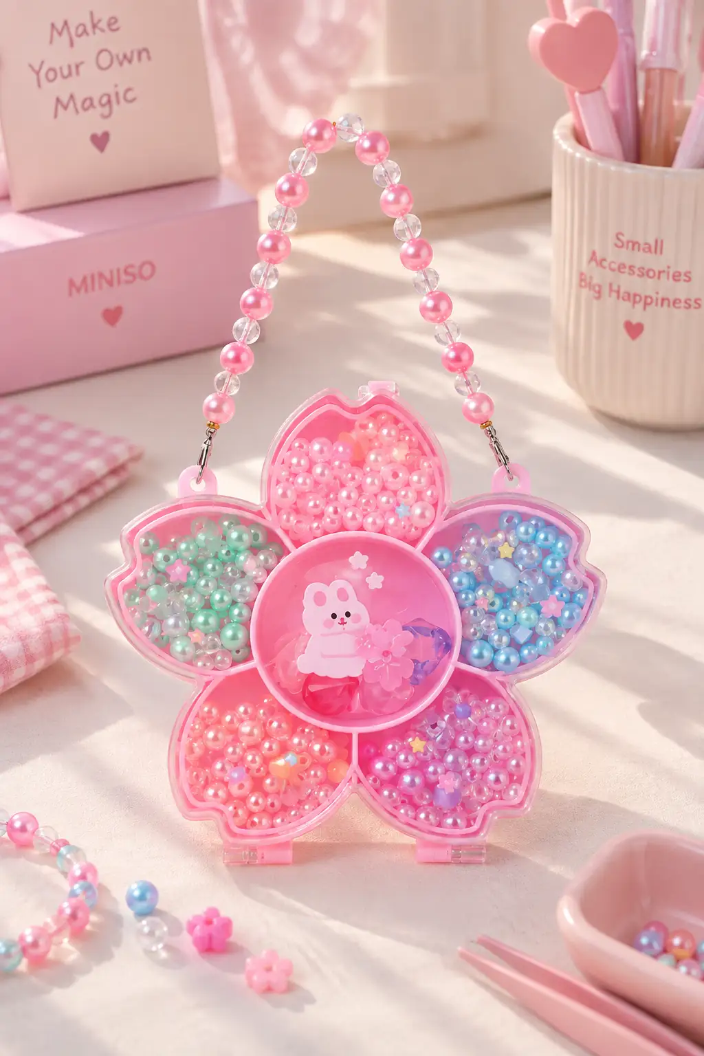 Miniso Lisanslı Lovely Serisi Sakura Kendin Yap Takı Seti – Çiçek Tasarımlı Boncuk Seti