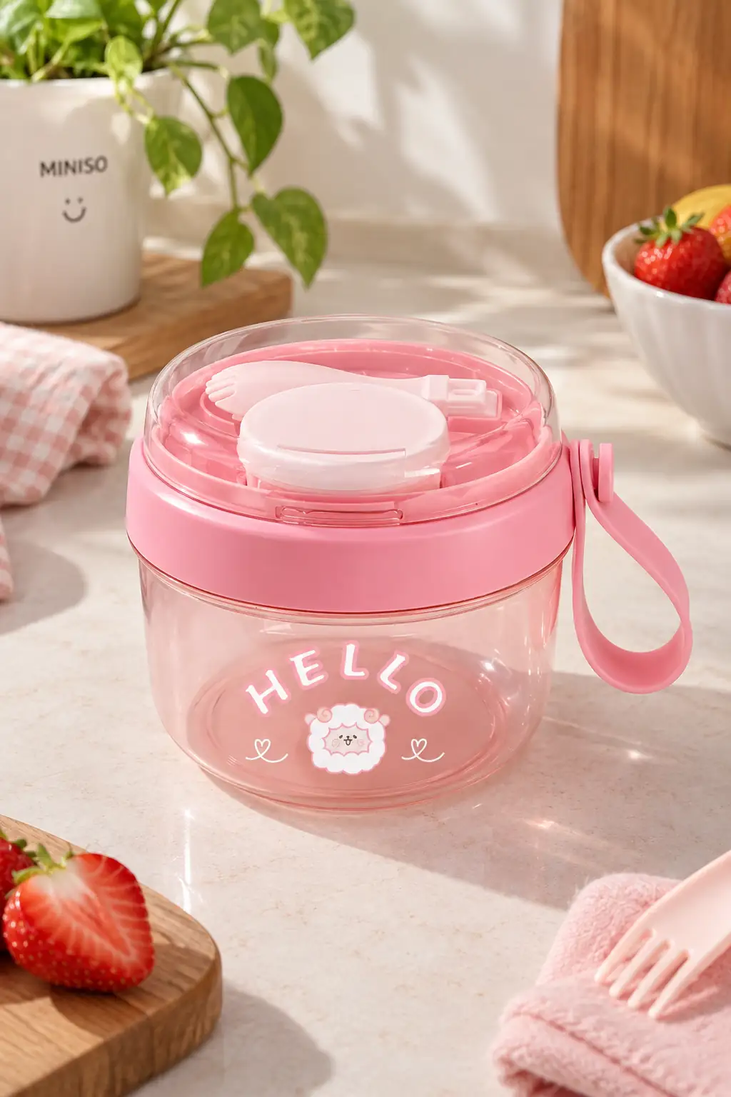 Miniso Lisanslı Çizgi Karakterli Salata Kasesi 650 mL Sızdırmaz Pembe Kap