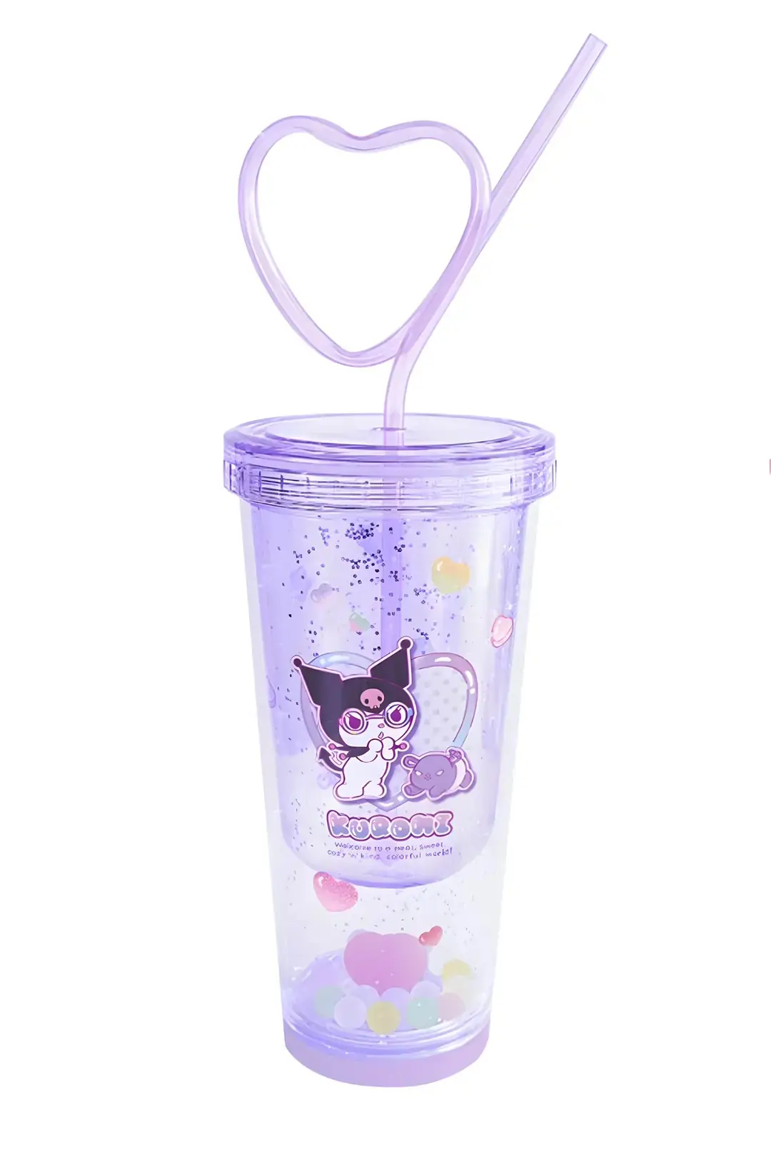 Sanrio Lisanslı Kuromi Tatlı Fabrikası Serisi Kalp Pipetli Çift Duvarlı Plastik Şişe 440 ml