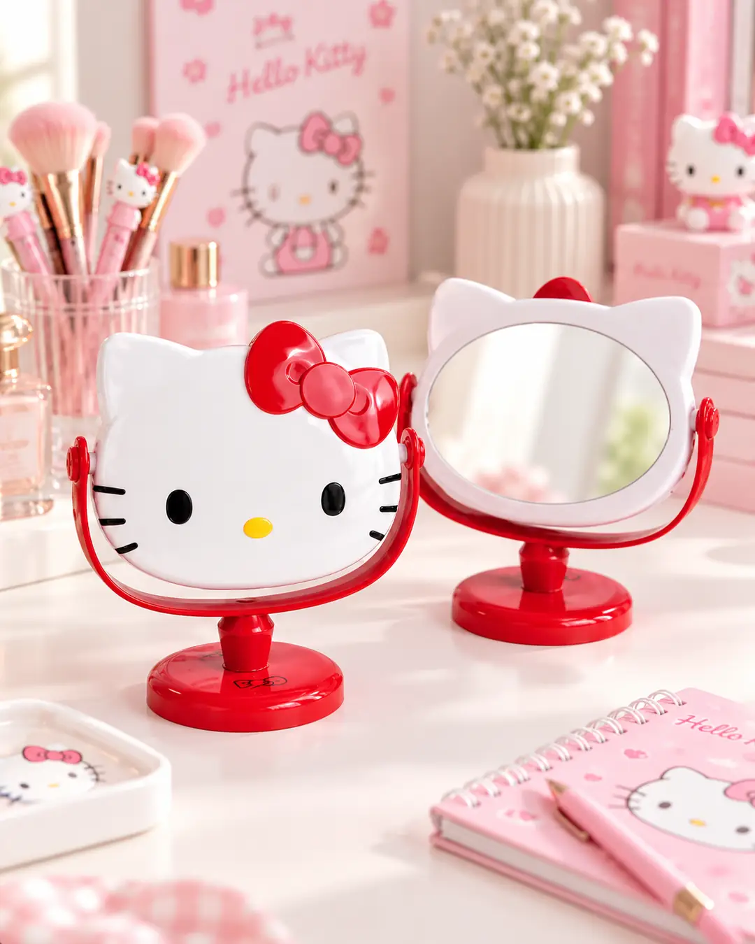 Sanrio Lisanslı Hello Kitty Masaüstü Döner Ayna – Ayarlanabilir Açılı Tasarım