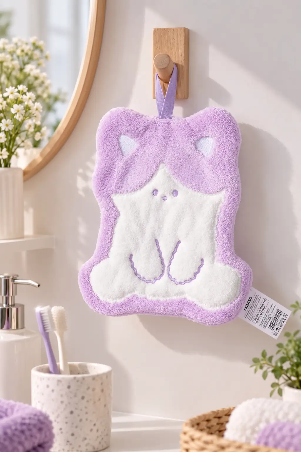 Miniso Lisanslı Hayvan Serisi El Havlusu – Mor Renkli 18x22 cm Küçük Mutfak Banyo Havlusu