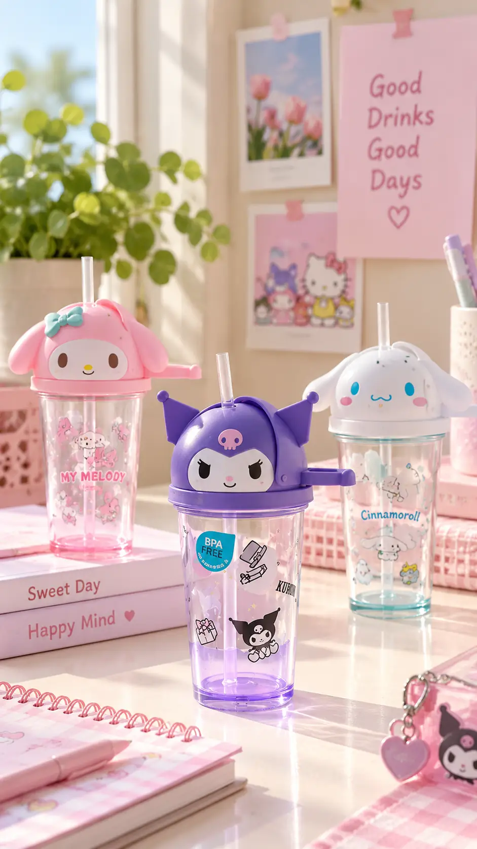 Sanrio Lisanslı Hello Kitty ve Arkadaşları Pipetli Plastik Matara 320 mL – Sevimli Tasarım