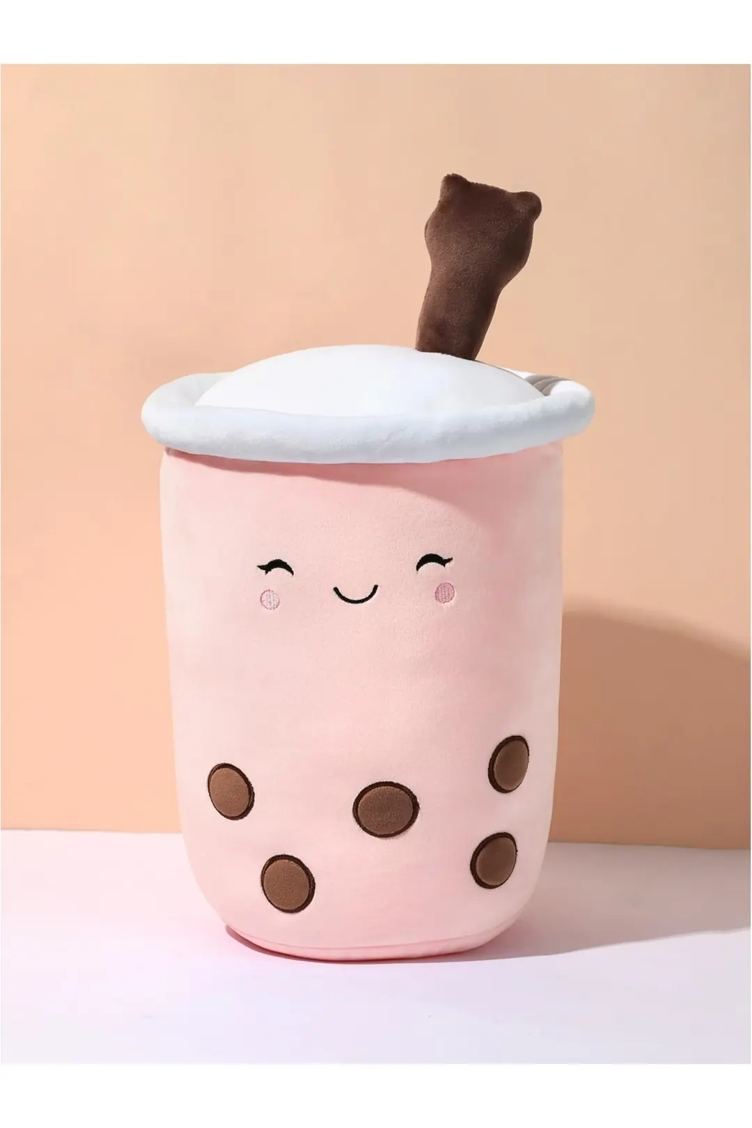 Miniso Lisanslı Sütlü Çay Peluş Yastık – Bubble Tea Tasarımlı Yumuşak Dekoratif Yastık Pembe 39 Cm