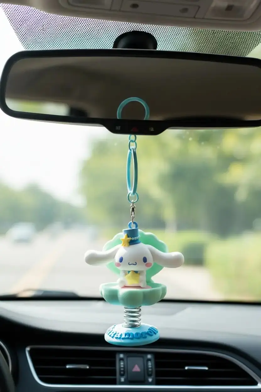 Sanrio Lisanslı Okyanus Hazinesi Hareketli Araba Süsü - Cinnamoroll Figürlü Yaylı Ayna Aksesuarı