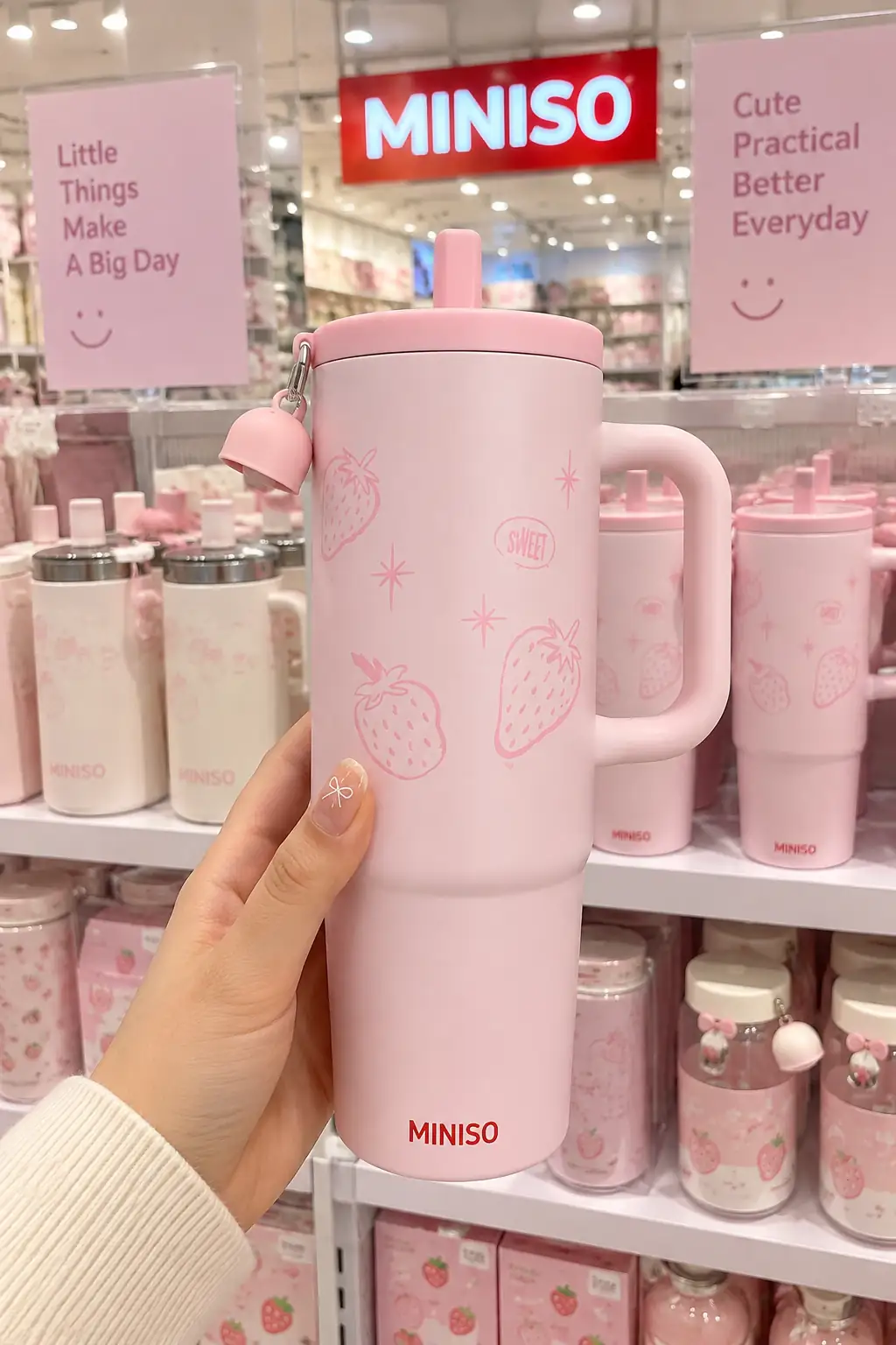 Miniso Lisanslı Strawberry Serisi Paslanmaz Çelik Matara 890 mL – Pipetli ve Saplı