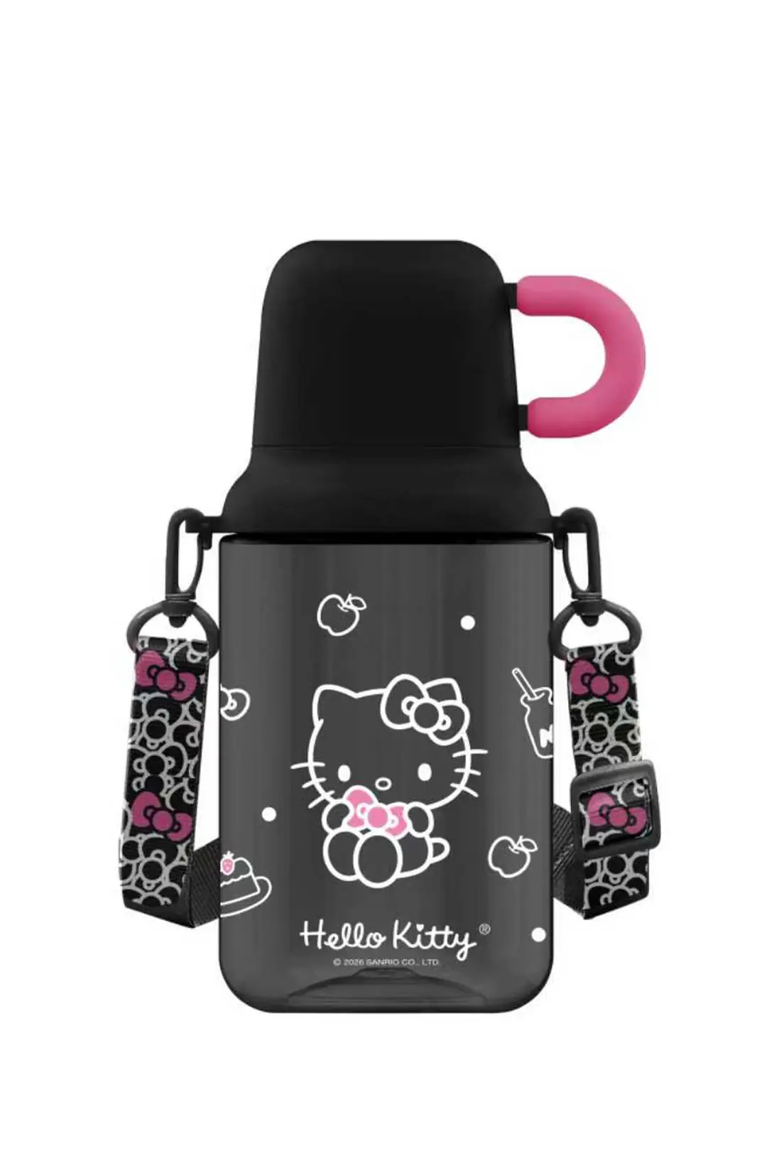 Hello Kitty Siyah Beyaz Serisi Askılı Plastik Matara (680 mL