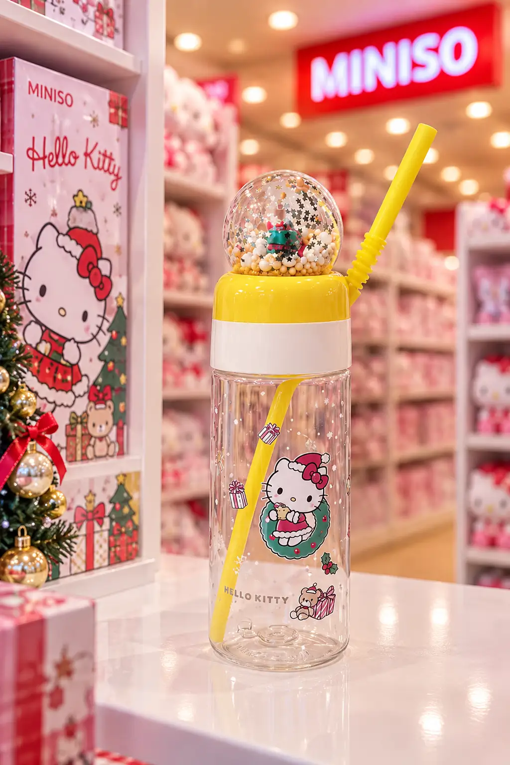 Sanrio Lisanslı Hello Kitty Yılbaşı Koleksiyonu Pipetli ve Kristal Küreli Şişe – Eğlenceli Matara