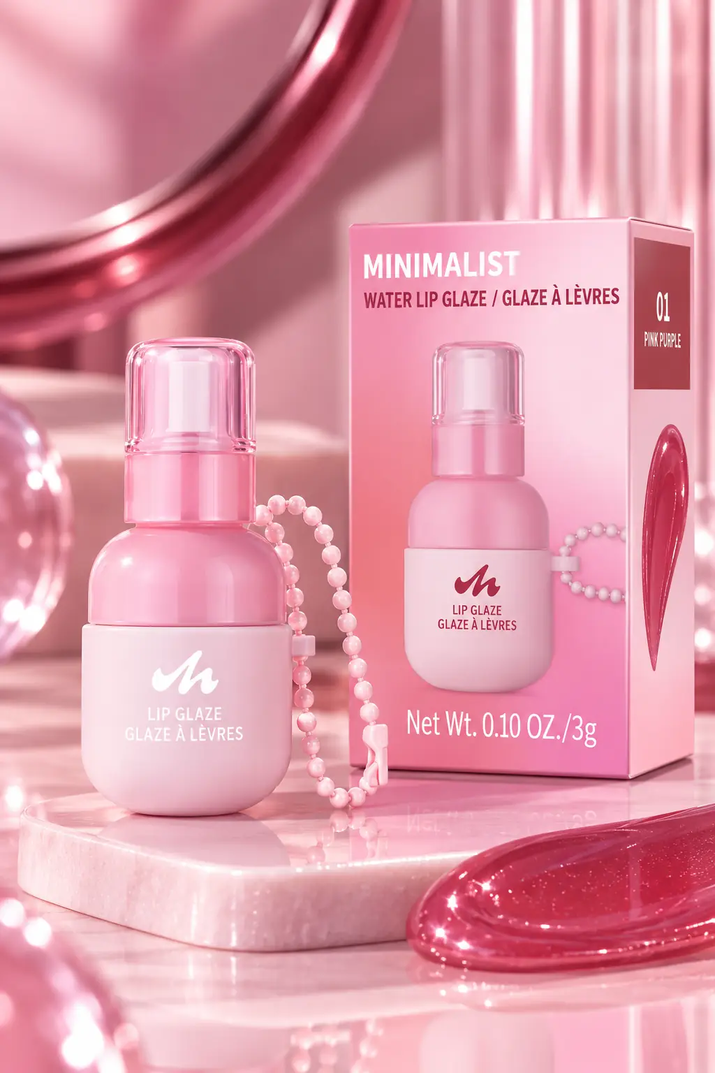 Miniso Lisanslı Minimalist Boncuk Zincirli Mini Şişe Dudak Parlatıcısı – 01 Toz Gül