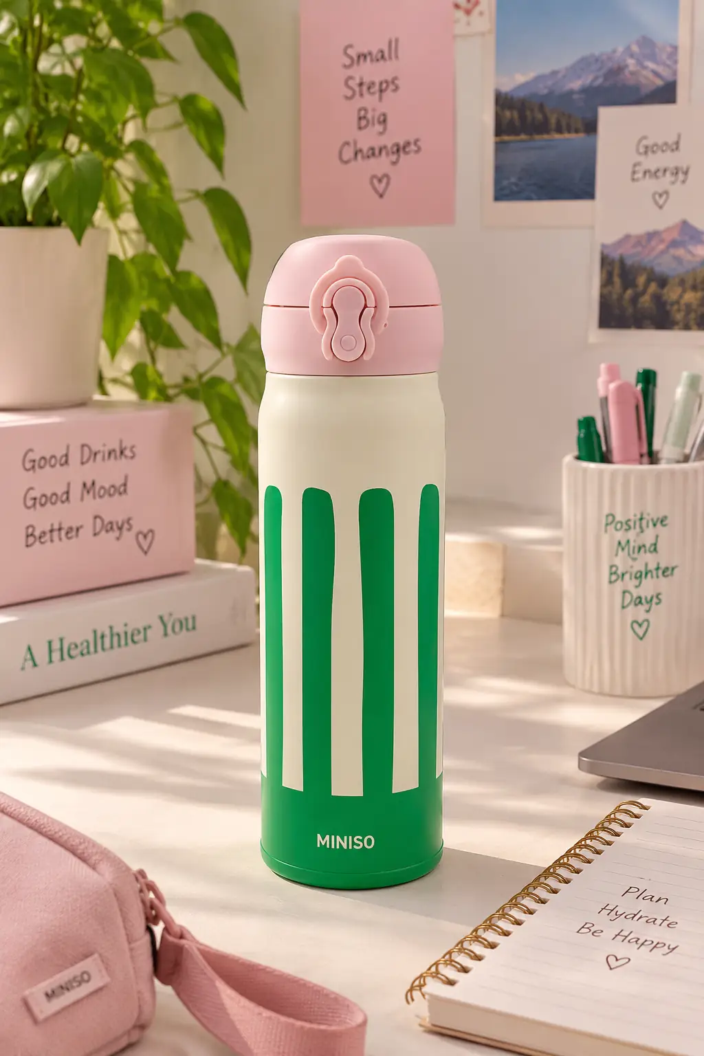 Miniso Lisanslı Çizgili Yalıtımlı Şişe 450 mL – Kapaklı Çelik Tasarım