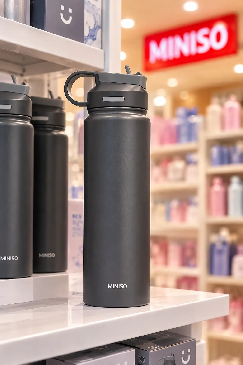 Miniso Lisanslı Klasik Tasarım Pipetli Çelik Suluk 900 ml – Sızdırmaz Kapaklı Gri