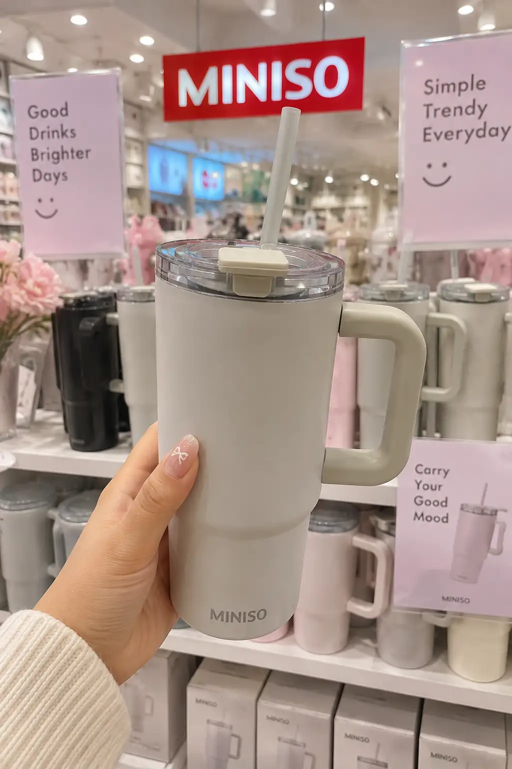 Miniso Lisanslı Pipetli Çift Duvarlı Çelik Termos 550 mL – Beyaz Minimal Tasarım