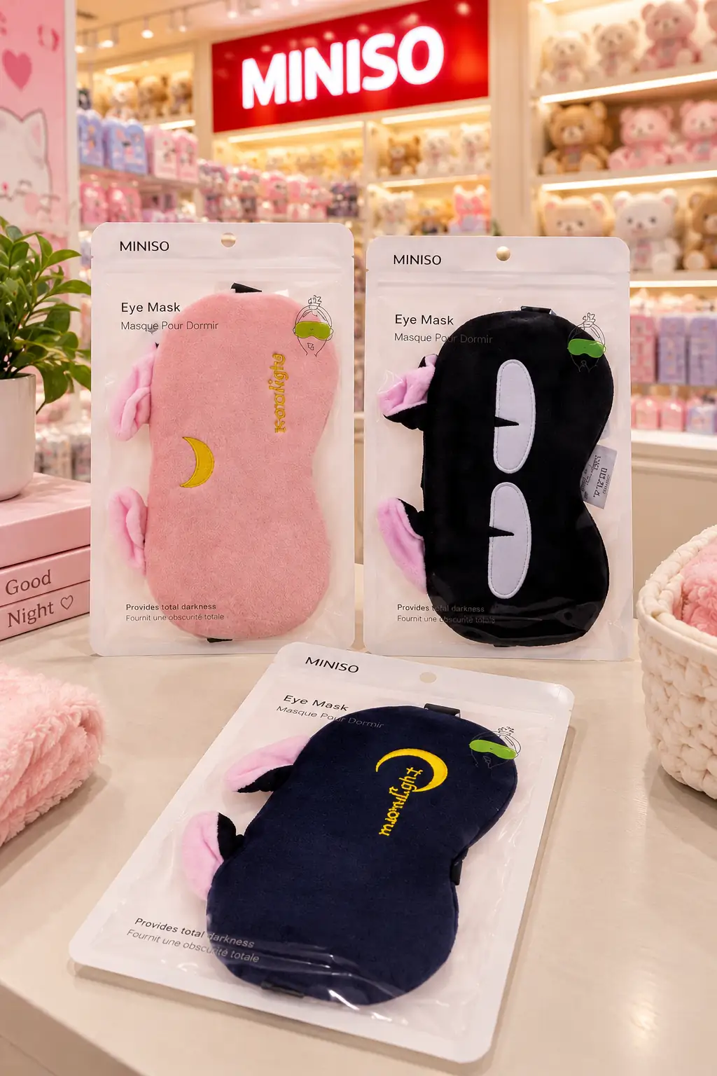 Miniso Lisanslı Kedi Kulaklı Kadife Uyku Maskesi – Sıcak Soğuk Kompres Jel Paketli