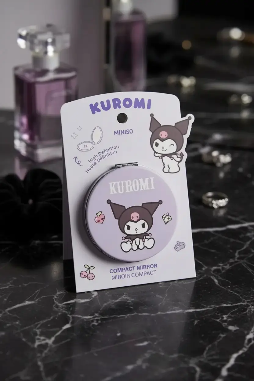 Sanrio Lisanslı Kuromi Çift Taraflı Katlanabilir Cep Aynası – Yuvarlak Tasarım