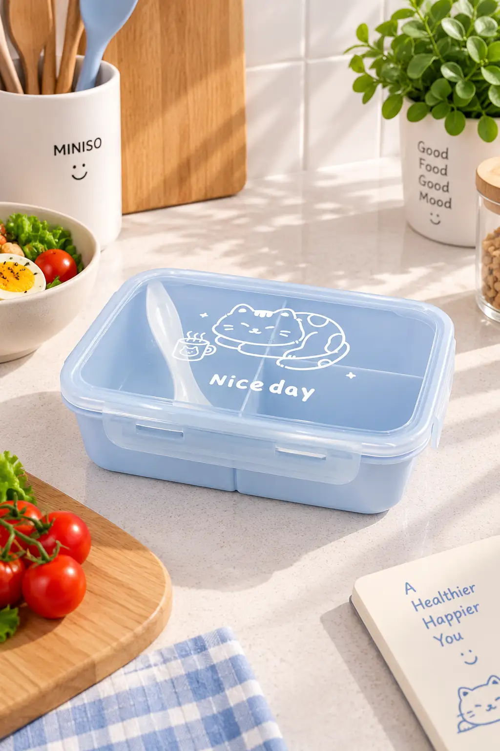 Miniso Lisanslı Hayvan Serisi Öğle Yemeği Kutusu Mavi 1100 Ml – Çatal Bıçaklı