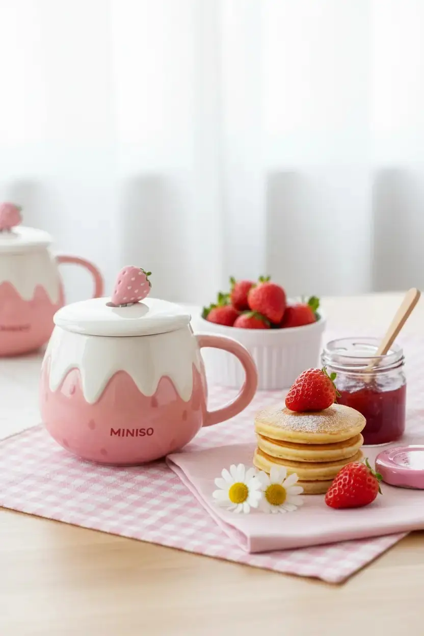 Miniso Lisanslı Çilek Kaşıklı Seramik Kupa 396 mL – Kapaklı Tasarım