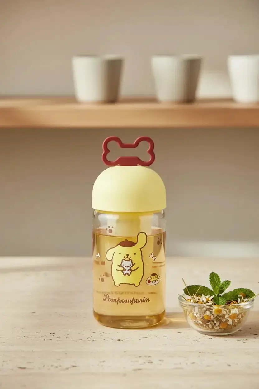 Sanrio Lisanslı Pompompurin Süzgeçli Borosilikat Cam Şişe – Bitki Çayı Demleme Matarası