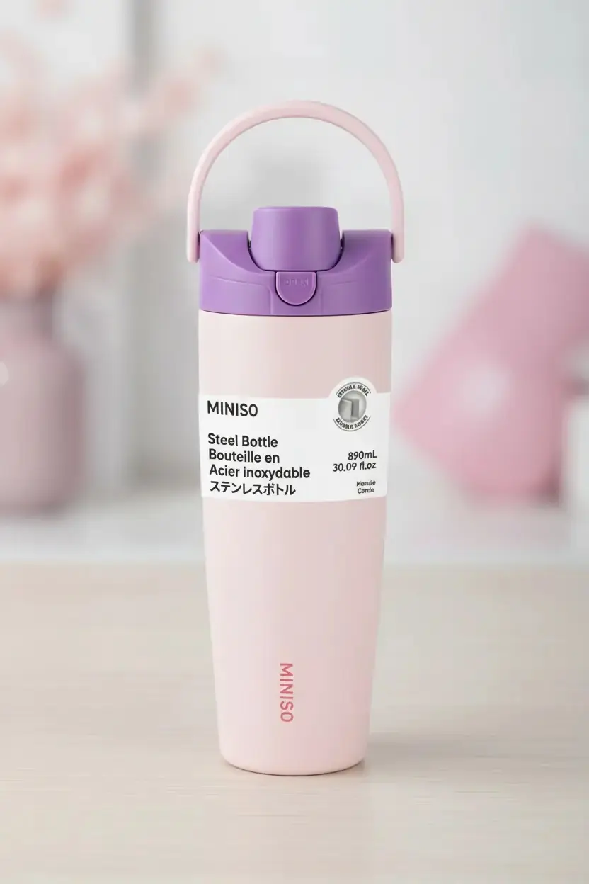 Miniso Lisanslı Pipetli Paslanmaz Çelik Bardak 890 Ml – Tutamaklı