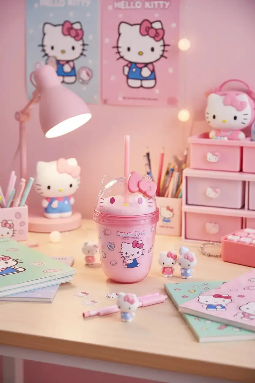 Sanrio Lisanslı Hello Kitty Tatlı Fabrikası Serisi Plastik Şişe Pipetli ve Süslemeli 435 mL