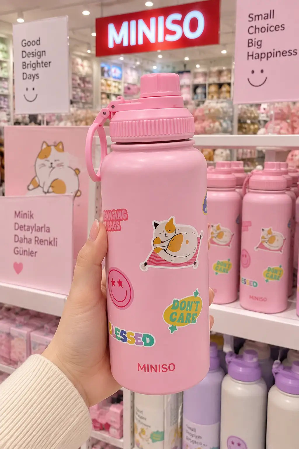 Miniso Lisanslı DIY Serisi Isı Yalıtımlı Paslanmaz Çelik Şişe 900 mL – Pembe
