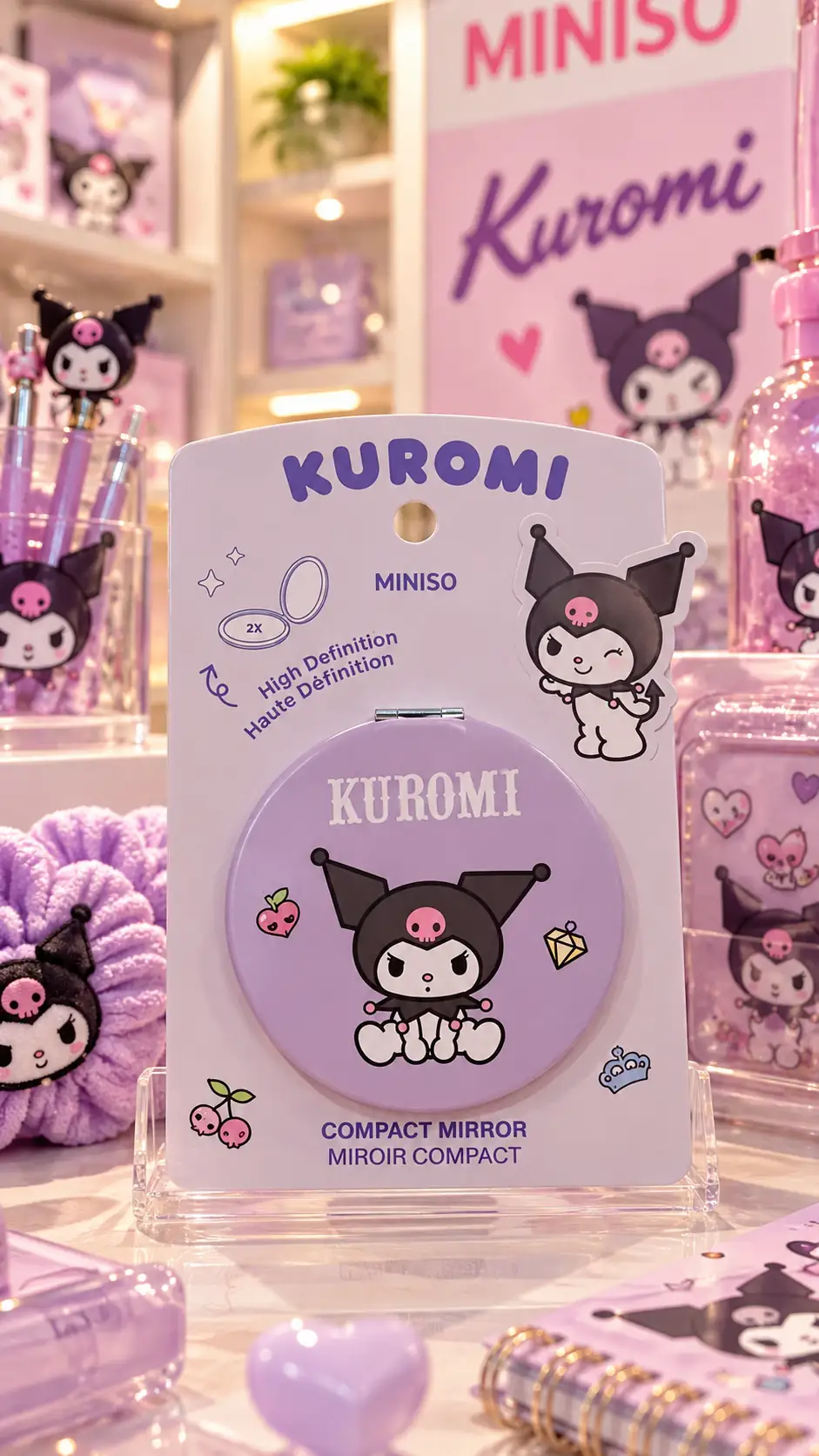 Sanrio Lisanslı Kuromi Çift Taraflı Katlanabilir Cep Aynası – Yuvarlak Tasarım