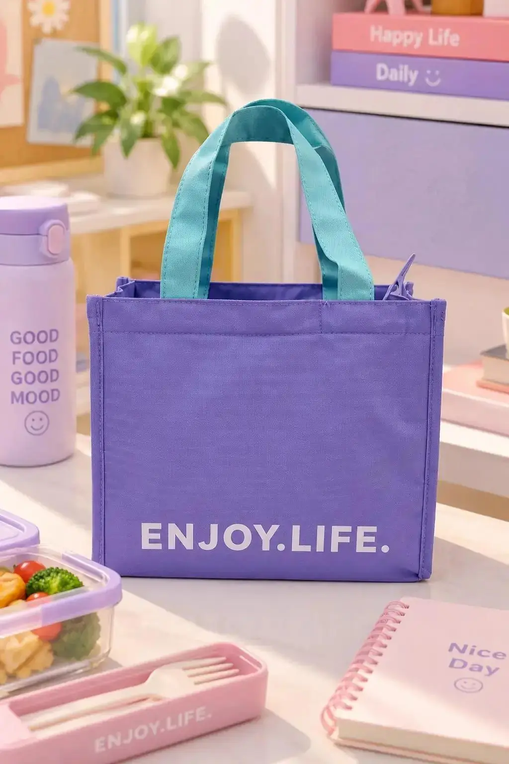 Miniso Lisanslı Dopamine Serisi Termoslu Beslenme Çantası – Mor Harf Desenli Öğle Yemeği Çantası