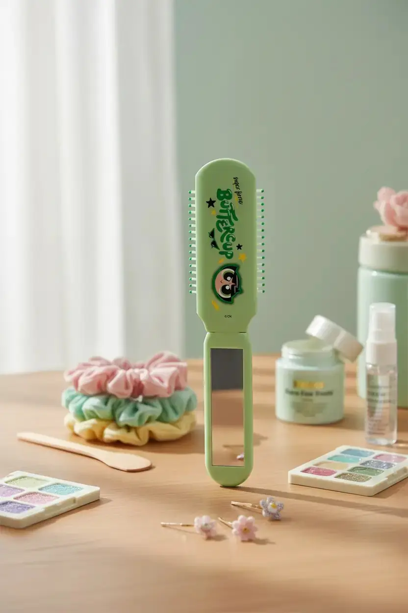 Powerpuff Girls Lisanslı Buttercup Aynalı Saç Fırçası – Katlanabilir Yeşil Tasarım