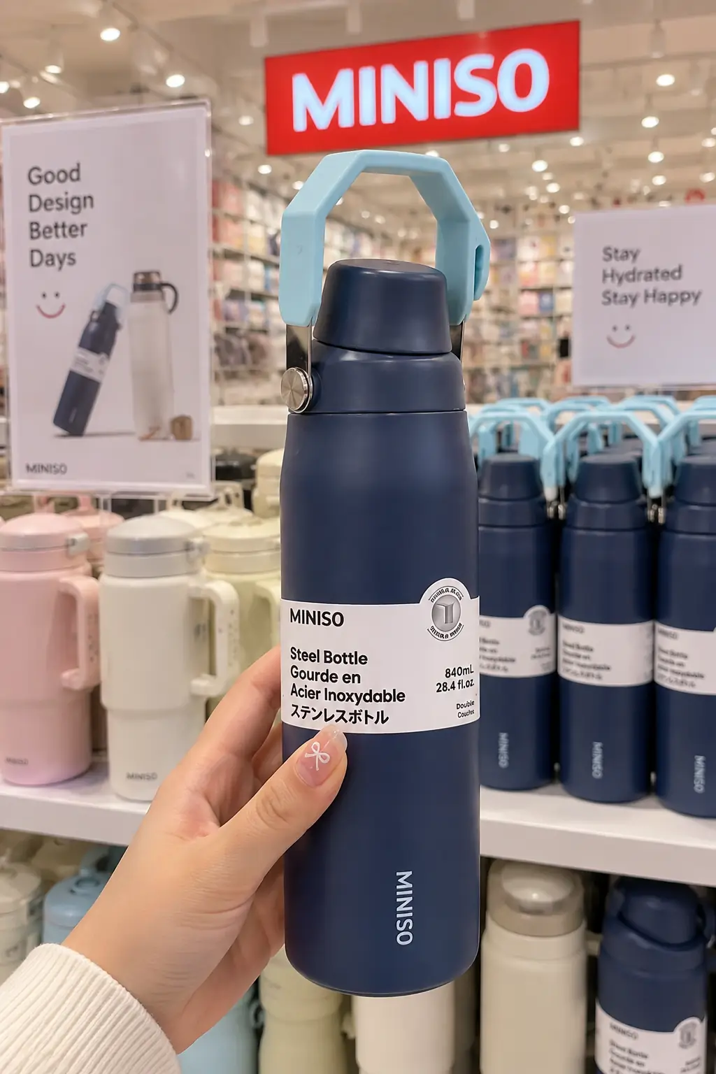 Miniso Lisanslı Saplı Paslanmaz Çelik Şişe 840 mL – Çift Katmanlı Koyu Mavi
