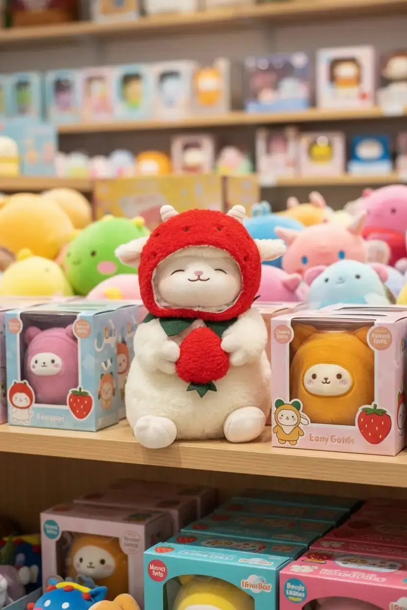 Miniso Lisanslı Kuzu Baa Serisi Çilek Şapkalı Peluş Oyuncak 25 Cm – Yumuşacık Dekoratif Tasarım