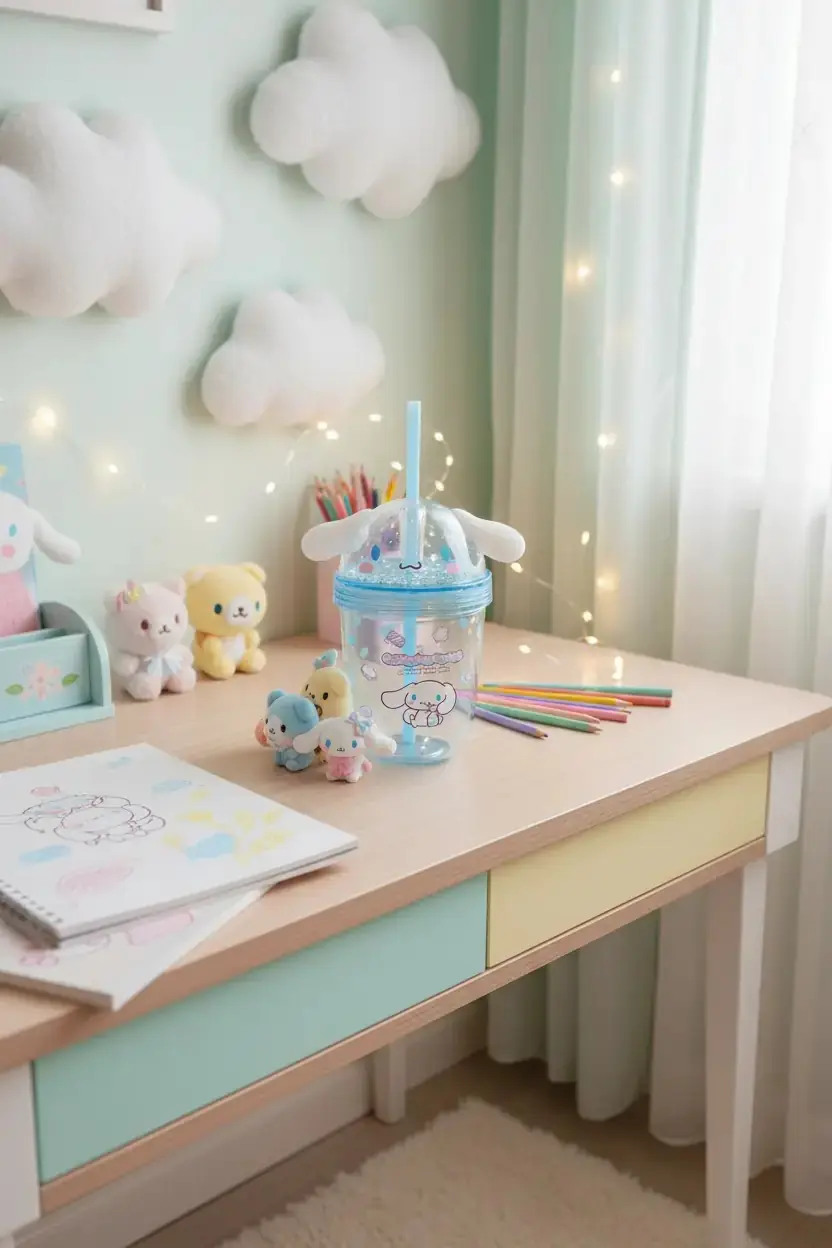 Sanrio Lisanslı Cinnamoroll Tatlı Fabrikası Serisi Kulak Detaylı Pipetli Su Şişesi 435 ml
