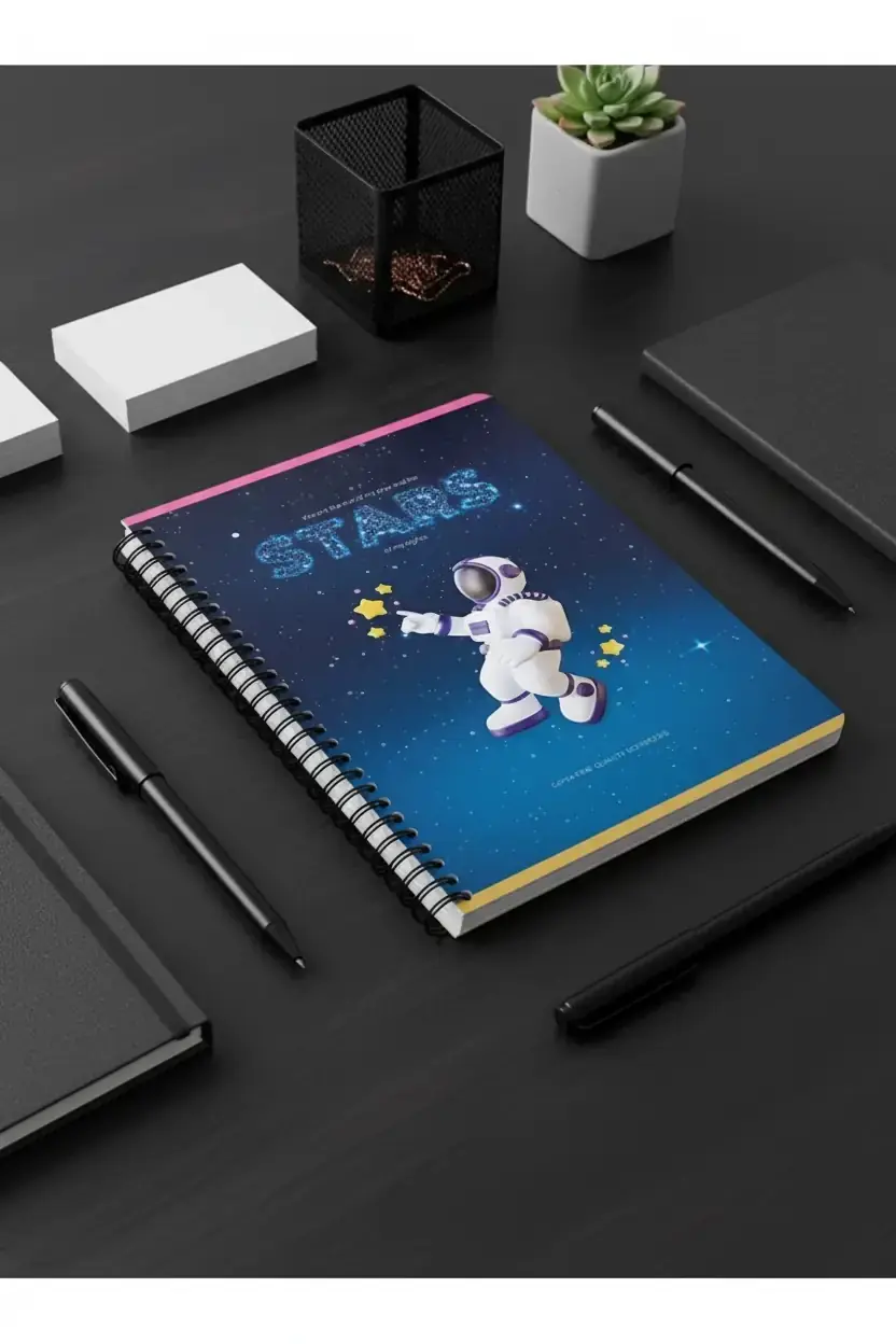 Stars Galaksi Temalı Spiral A4 Defter – 80 Yaprak Kareli Astronot Desenli Okul Defteri 30 CM