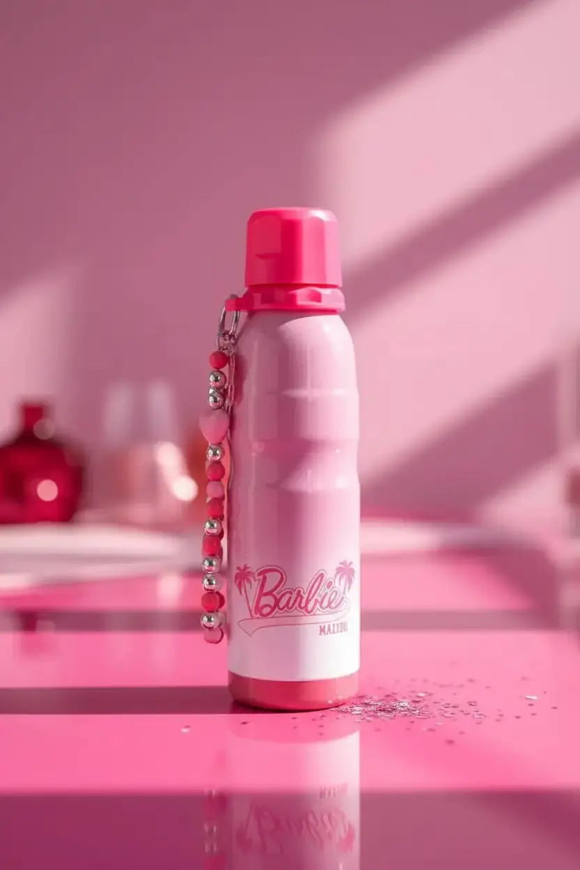 Barbie Lisanslı 304 Paslanmaz Çelik Termos – Boncuklu Zincir Süslemeli ve Pipetli İkonik Pembe Sızdırmaz Termos 600 ML