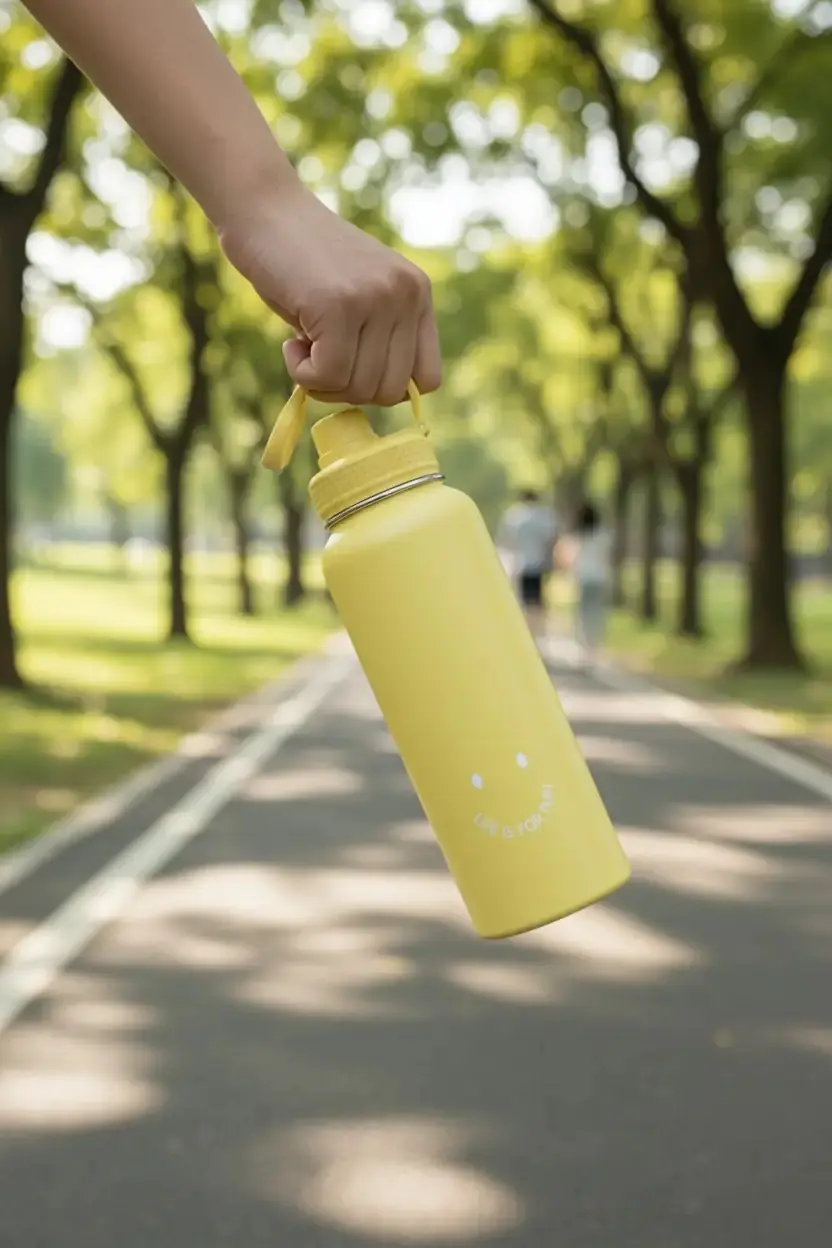 Miniso Lisanslı Klasik Tasarım Çelik Su Kabı – Sızdırmaz Kapaklı Ergonomik Tutacak Sarı 1400 ML