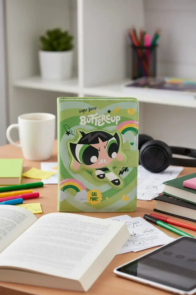Powerpuff Girls Lisanslı Manyetik Kapaklı Not Defteri – Yeşil Renkli Mıknatıslı Koruma Ve Pu Kaplama 18 Cm