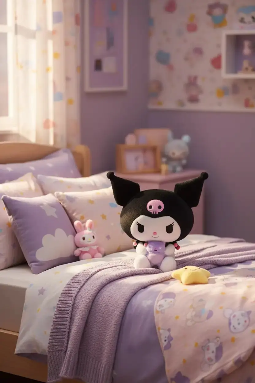 Sanrio Lisanslı Kuromi Peluş Oyuncak 28 Cm – Oturan Mini Arkadaşlı Yumuşacık Tasarım