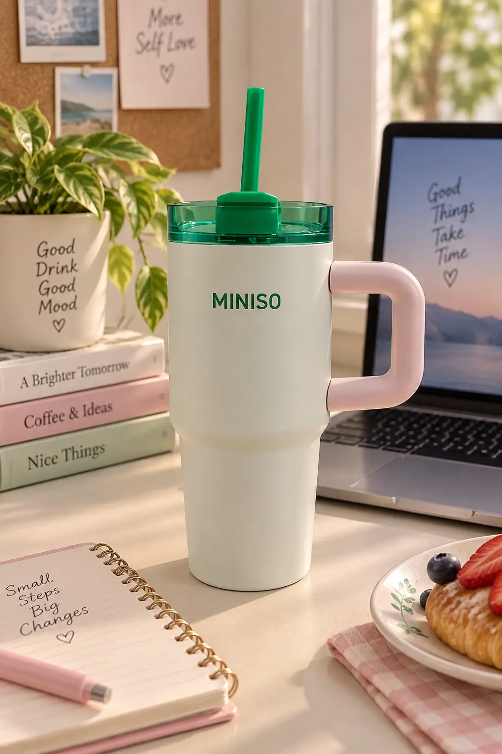 Miniso Lisanslı Çizgili Tutamaklı Çelik Şişe – Pipetli Tasarım