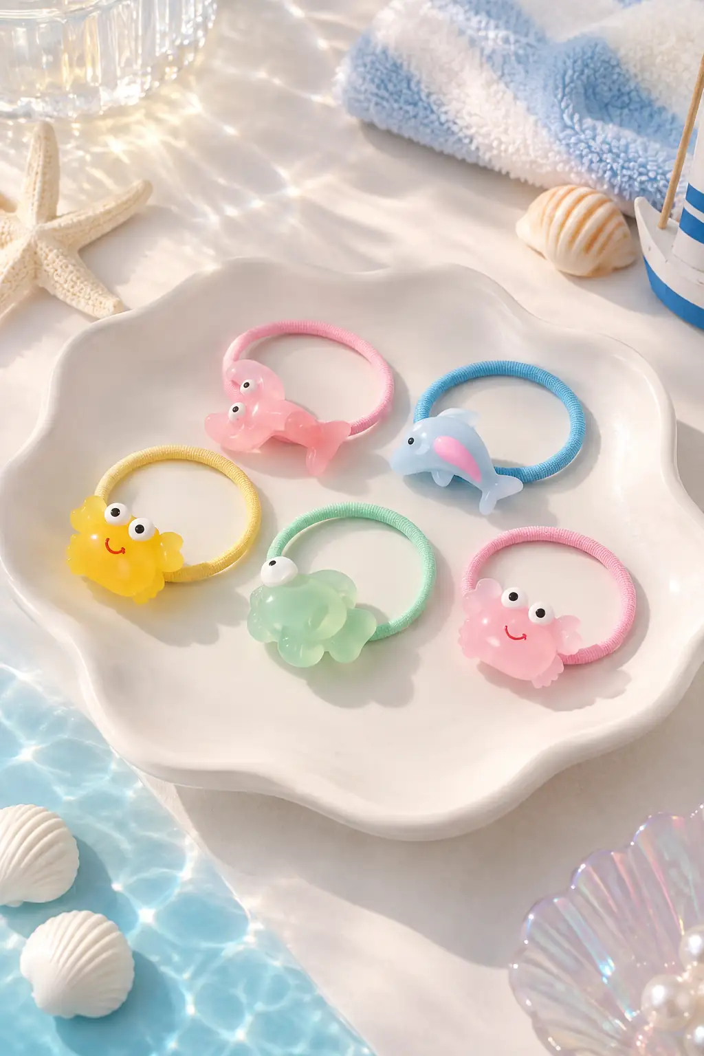 Miniso Lisanslı Okyanus Karakterli 5'li Saç Lastiği Seti - Deniz Yıldızı ve Yunus Figürlü Esnek Naylon Saç Aksesuarı