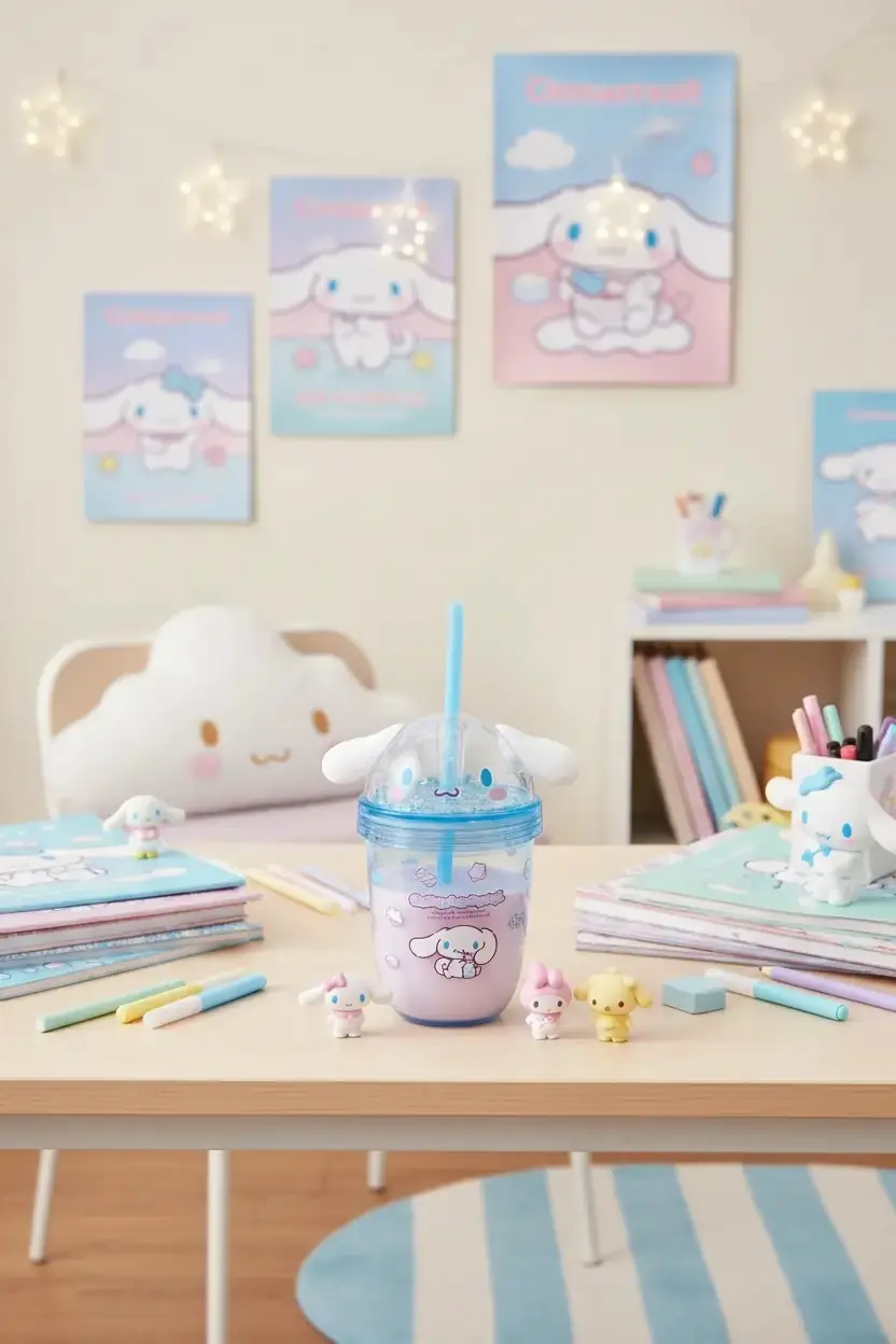 Sanrio Lisanslı Cinnamoroll Tatlı Fabrikası Serisi Kulak Detaylı Pipetli Su Şişesi 435 ml