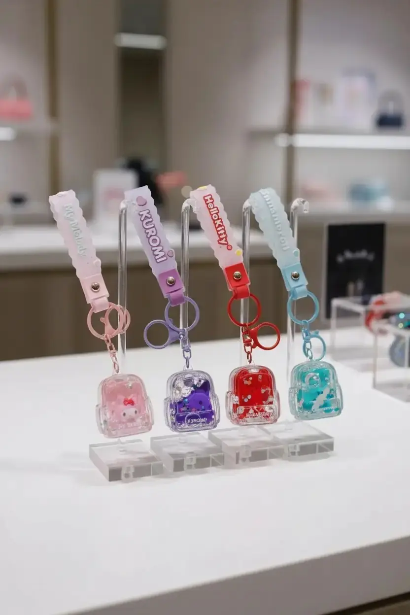 Sanrio Lisanslı Hello Kitty ve Arkadaşları Sıvı Dolgulu Çanta Anahtarlığı – Hareketli Figürlü Model