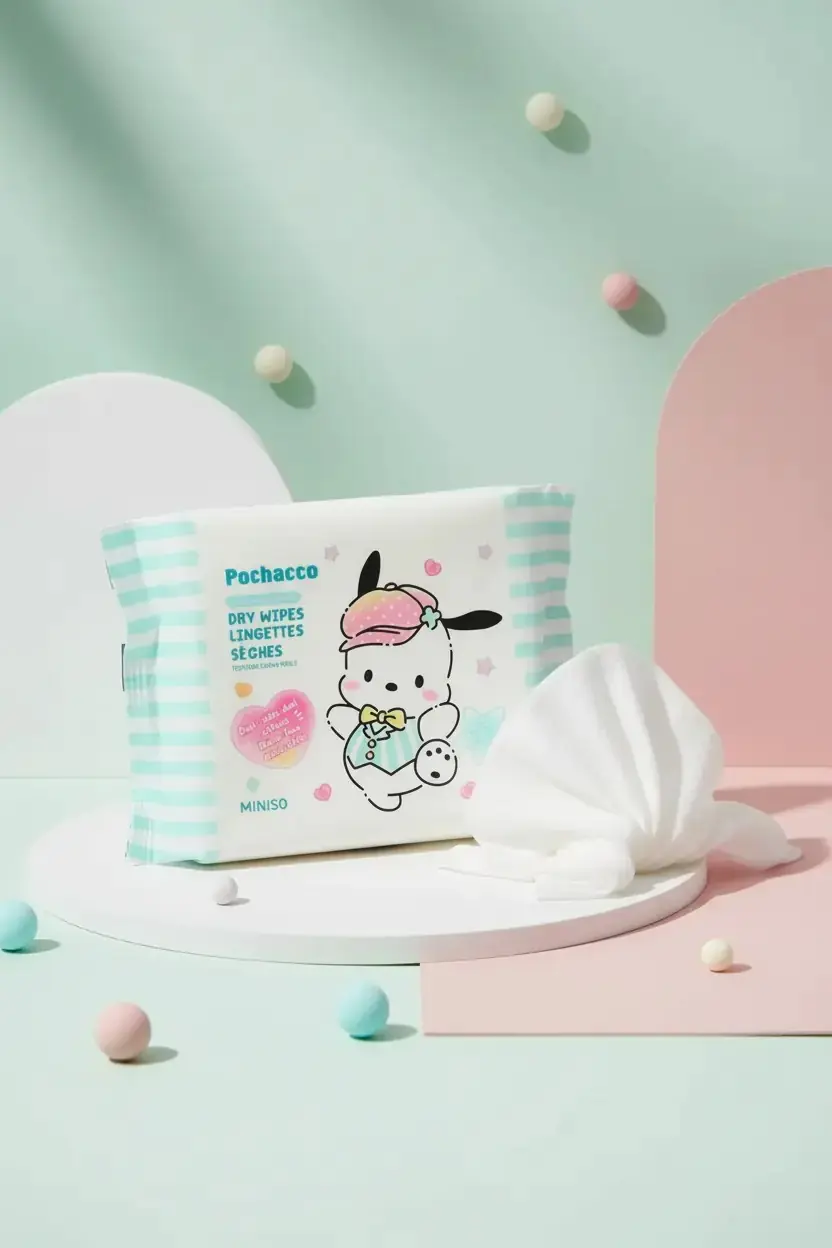 Sanrio Lisanslı Pochacco İnci Dokulu Kuru Mendil – %100 Viskon Yumuşak ve Emici Mendil (25 Adet)