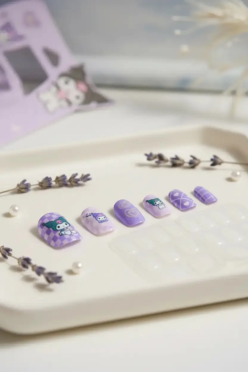 Sanrio Lisanslı Kuromi Jöle Yapışkanlı Takma Tırnak Seti Mor – Şeritli Modern Tasarım