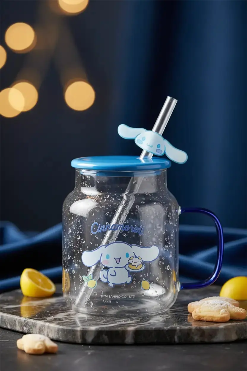 Sanrio Lisanslı Cinnamoroll Kapaklı ve Pipetli Cam Bardak – Figürlü Borosilikat Cam Kupa 450 Ml
