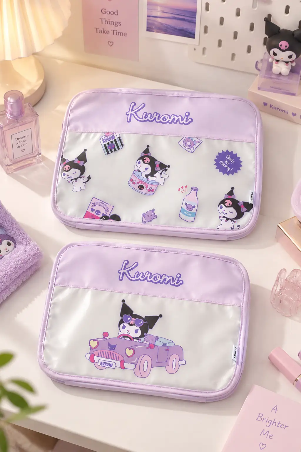 Sanrio Lisanslı Kuromi Seyahat Çantası Seti 2 Adet - Çok Amaçlı Valiz Düzenleyici ve Kozmetik Çantası