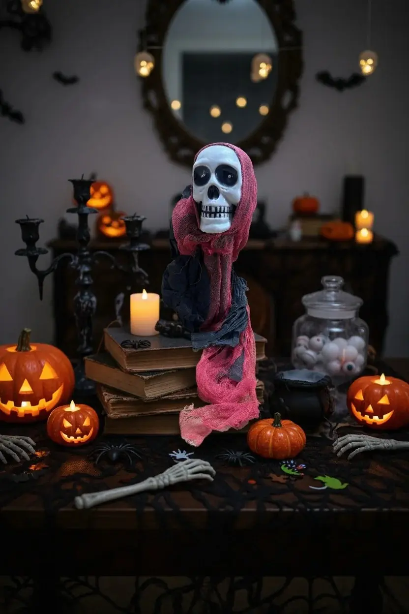Halloween Zincirli Kırmızı Asma İskelet – Cadılar Bayramı Temalı Tüllü Dekoratif Korku Figürü