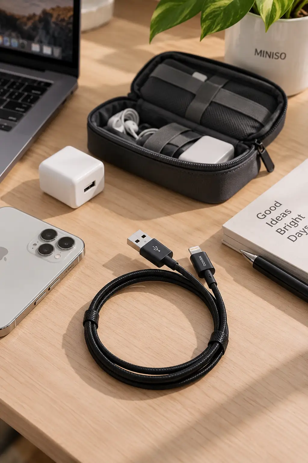Miniso Lisanslı iPhone Kumaş Kaplama Hızlı Şarj ve Veri Kablosu – Dayanıklı ve Dolanmaz Siyah Kablo 1M