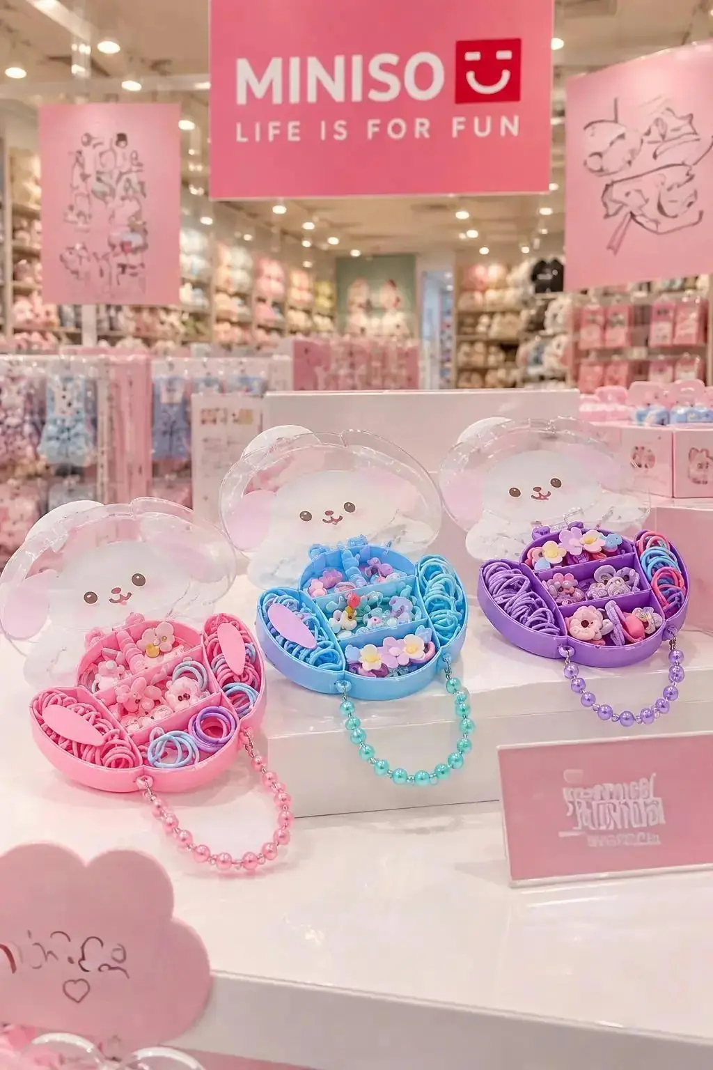 Miniso Lisanslı Lovely Serisi Küçük Tavşan Figürlü Toka Seti – İnci Detaylı Askılı Çantalı ve Renkli Saç Aksesuarı