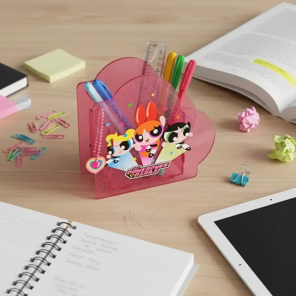 Powerpuff Girls Lisanslı Kalpli Kalemlik Şeffaf Pembe Masaüstü Organizer 12 Cm