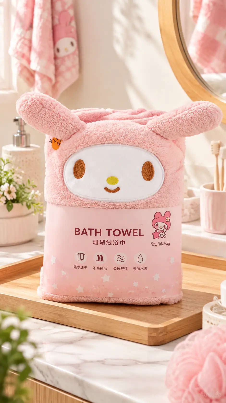 My Melody Lisanslı Mercan Polar Emici Banyo Havlusu 140 x 70 cm – Pembe Yumuşak Tasarım